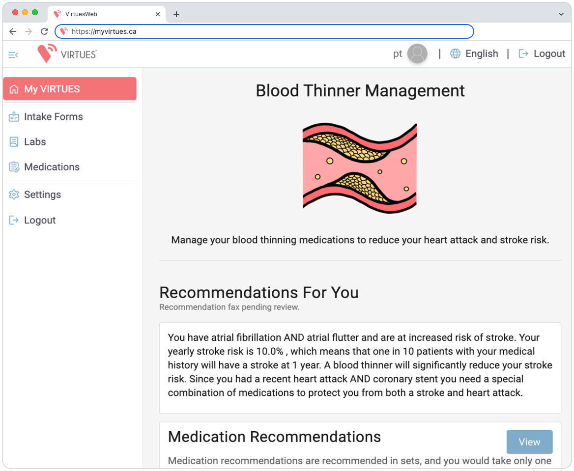 Sample recommendations page in VIRTUES platform